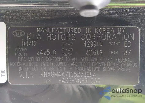 2012 Kia Optima Lx from USA, damaged, VIN KNAGM4A71C5273684